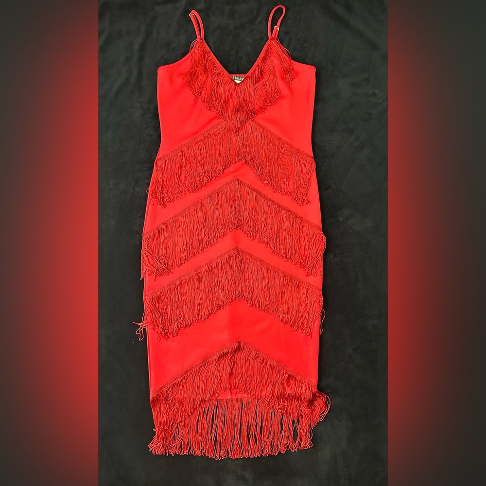 VENUS Vibrant Red Fringe Mini Dress